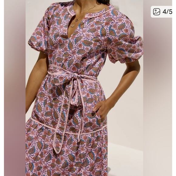 New Roller Rabbit Pink Floral Pasque Valonia Puff Sleeve Midi Dress XXS - Picture 4 of 9